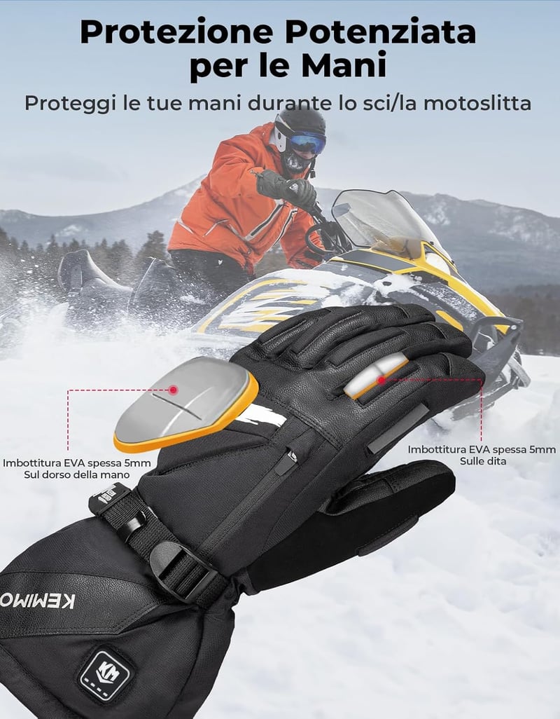 KEMIMOTO Fűthető Motoros Kesztyű EVA Védelemmel - 7,4V 2500mAh Akkumulátor, 3 Hőfokozat, Vízálló Téli Kesztyű Érintőképernyős Ujjakkal Motor