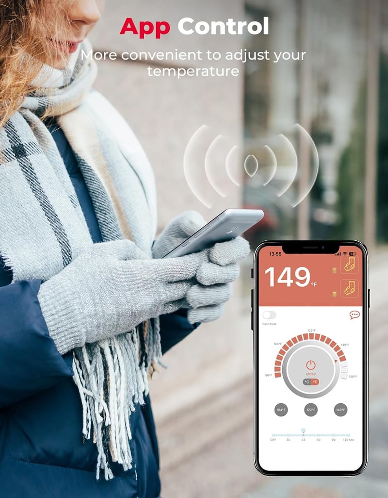 KEMIMOTO Fűthető Zokni Elektromos Fűtéssel, Applikációs Távirányítással, 7.4V USB Akkumulátoros Melegítő Zokni Férfi Női Túrázás Síelés