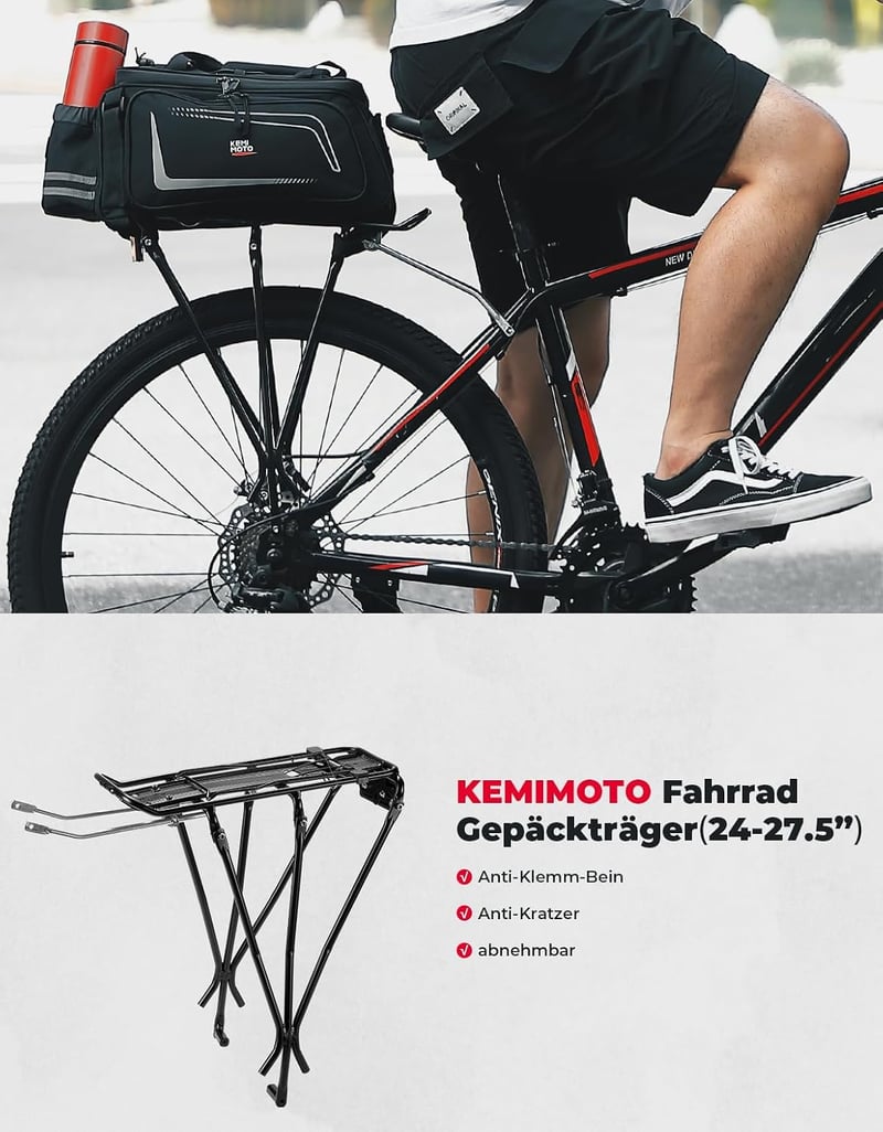 Portbagaj spate universal KEMIMOTO pentru biciclete MTB și cursieră cu eliberare rapidă, portbagaj cu reflector pentru bicicletă, negru