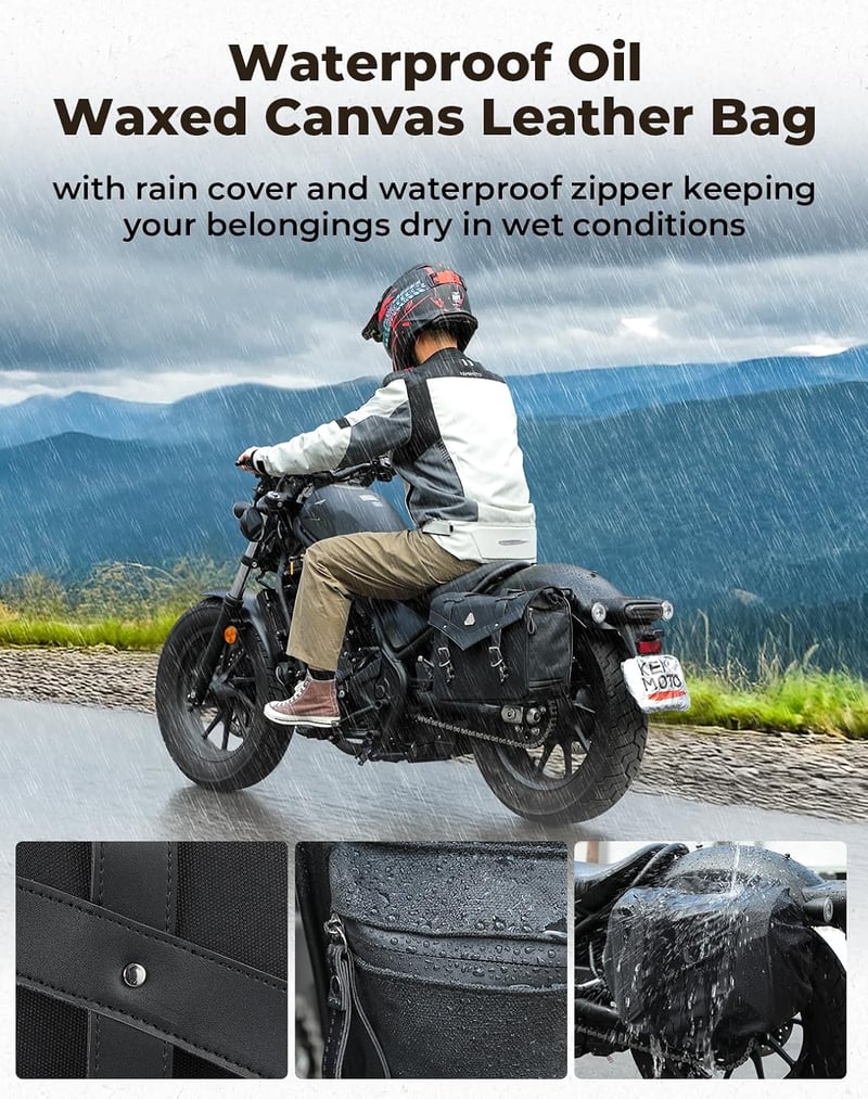 KEMIMOTO Vízálló Motoros Oldaltáska 15L - Olajviaszos Vászon Bőr Nyeregtáska Softail Dyna Sportster Cruiser Motorokhoz, Univerzális, Fekete
