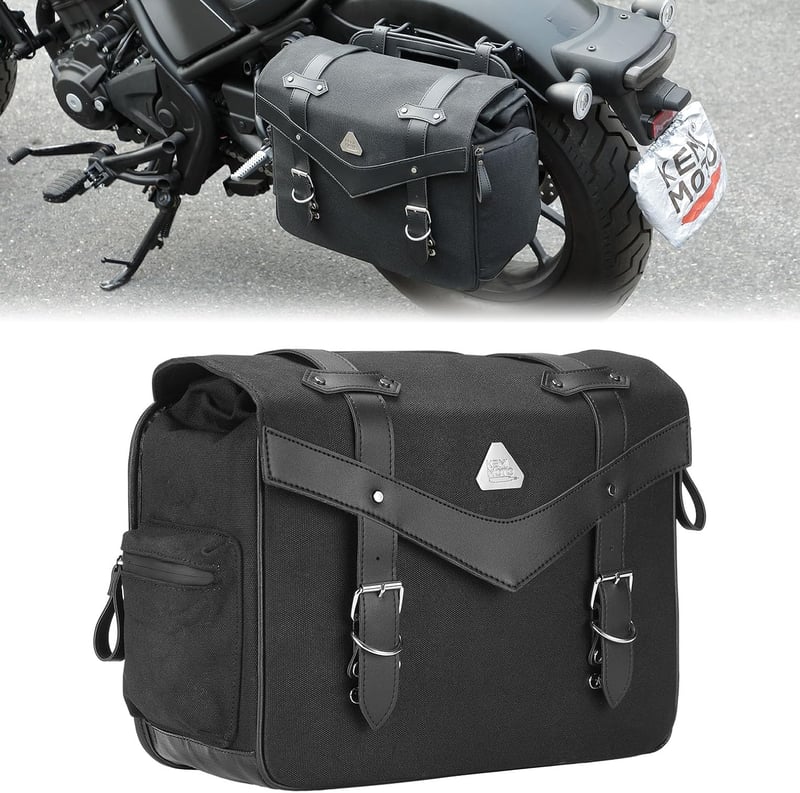 KEMIMOTO Vízálló Motoros Oldaltáska 15L - Olajviaszos Vászon Bőr Nyeregtáska Softail Dyna Sportster Cruiser Motorokhoz, Univerzális, Fekete
