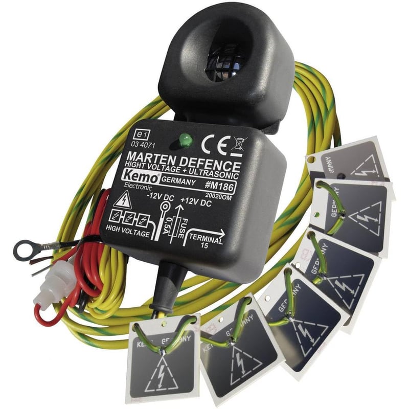 KEMO M186 Odpudzovač kún do auta 12 V/DC elektrický výboj 200 – 300 V vysokofrekvenčný ultrazvuk ochrana vozidiel proti kunám čierny