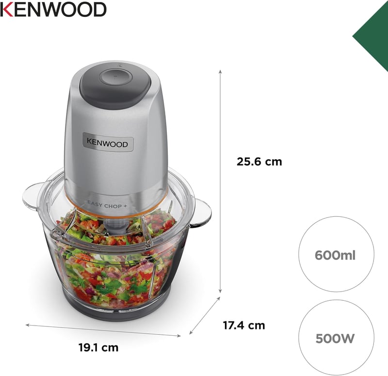 Kenwood EasyChop+ CHP62.400 SI Electric Chopper with Quadruple Blades Made of Stainless Steel, One Touch Operation, Ice Crusher, 0.6 L Working Container, Dishwasher Safe, 500 W, Black