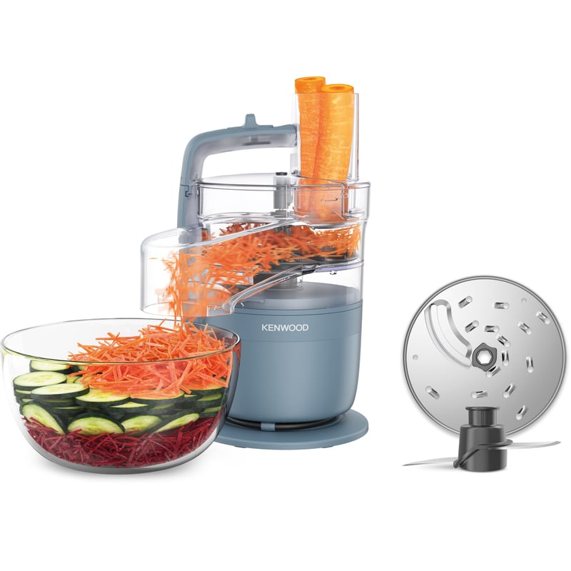 Robot de bucătărie Kenwood MultiPro Compact FDP23.130GY – cuțit din oțel inoxidabil, disc pentru feliere și răzuire, funcție Pulse, albastru