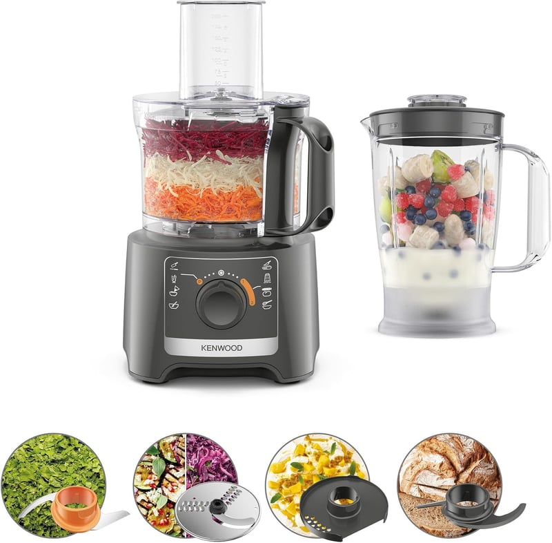 Kenwood Multipro Compact FDP31.170GY Food Processor with 2 Speeds + Pulse Included Mixer 1.2L, Bowl 2.1L for Chopping, Grating and Kneading 800W