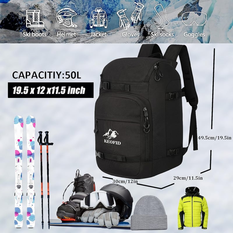 KEOFID Sícipő Táska 50L - Síbakancs és Snowboard Hátizsák Férfiaknak és Nőknek, Fekete Utazó Sporttáska 3 Rekesszel