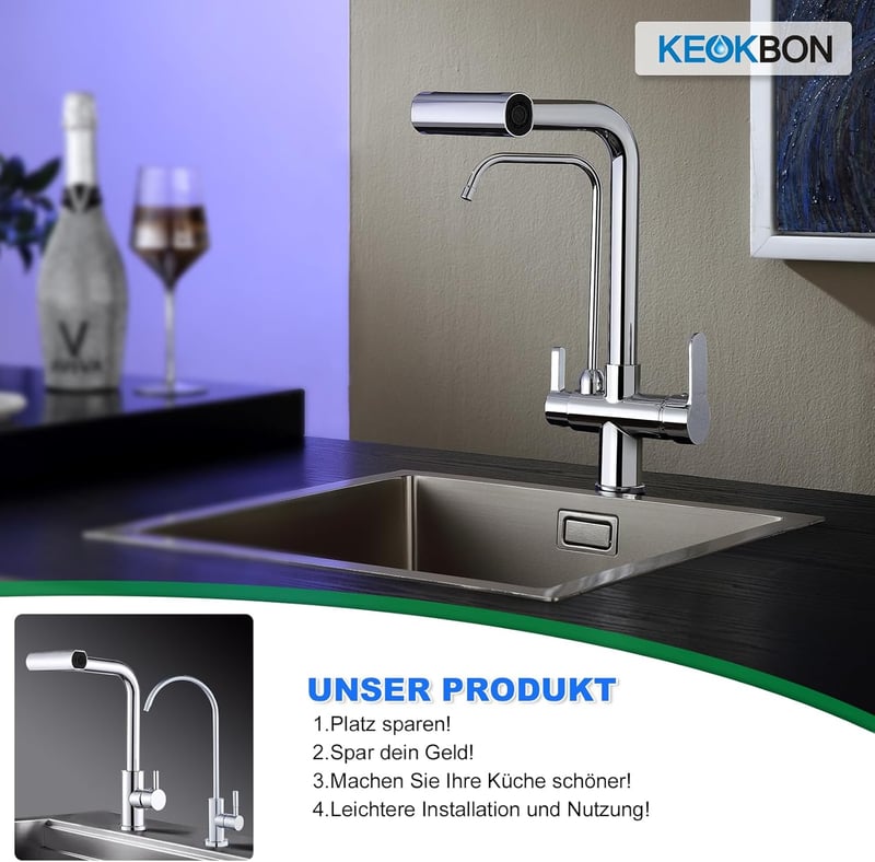 KEOKBON 3 az 1-ben konyhai csaptelep 360° forgatható, 4 módú zuhanyfejjel, kihúzható mixer csap, króm