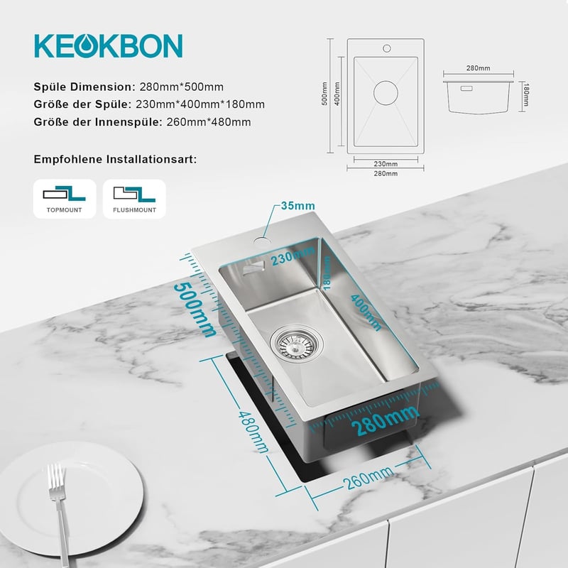 KEOKBON Konyhai Mosogató 28x50x19cm Ezüst Nano Bevonattal
