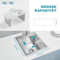 KEOKBON Rozsdamentes Acél Négyzetes Mosogató 45x50x19 cm - Modern Szálcsiszolt Konyhai Egymedencés Mosogatótálca Csapteleppel 50 cm-es Szekr 8