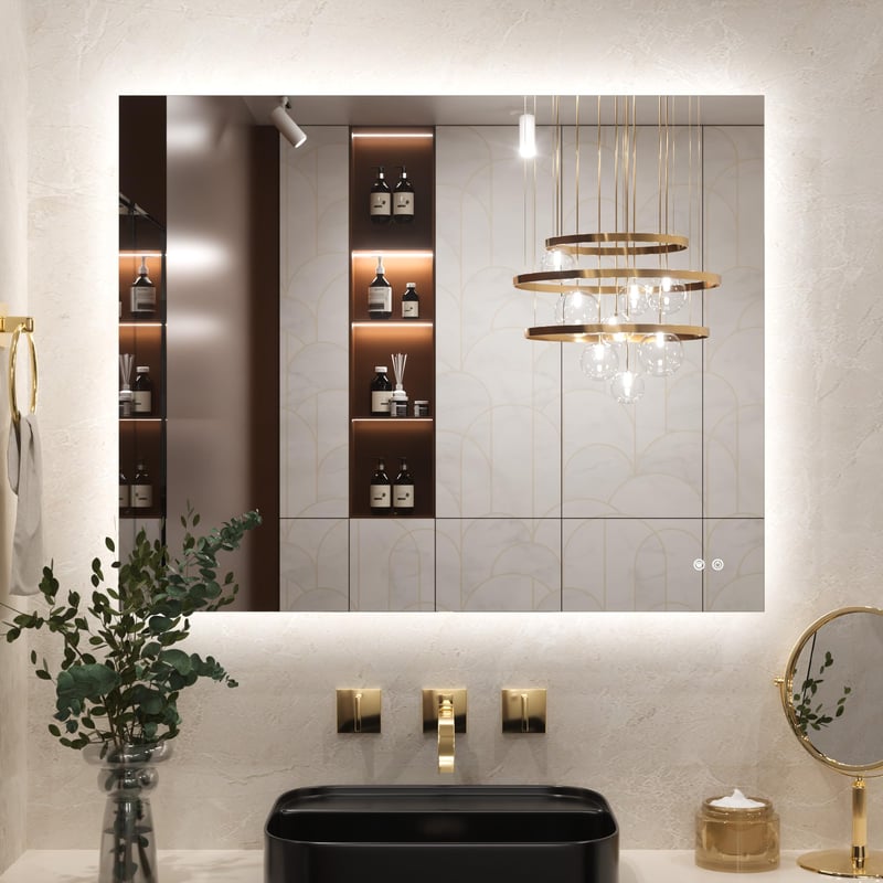 Oglindă de baie cu iluminare LED Keonjinn 100x80 cm, funcție anti-aburire, întrerupător tactil, funcție de memorie, 3 nuanțe de lumină, reglabilă (dimmable), fără ramă