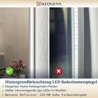 Oglindă de baie cu iluminare LED Keonjinn 100x80 cm, funcție anti-aburire, întrerupător tactil, funcție de memorie, 3 nuanțe de lumină, reglabilă (dimmable), fără ramă 4