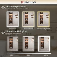 Oglindă de baie cu iluminare LED Keonjinn 100x80 cm, funcție anti-aburire, întrerupător tactil, funcție de memorie, 3 nuanțe de lumină, reglabilă (dimmable), fără ramă 3