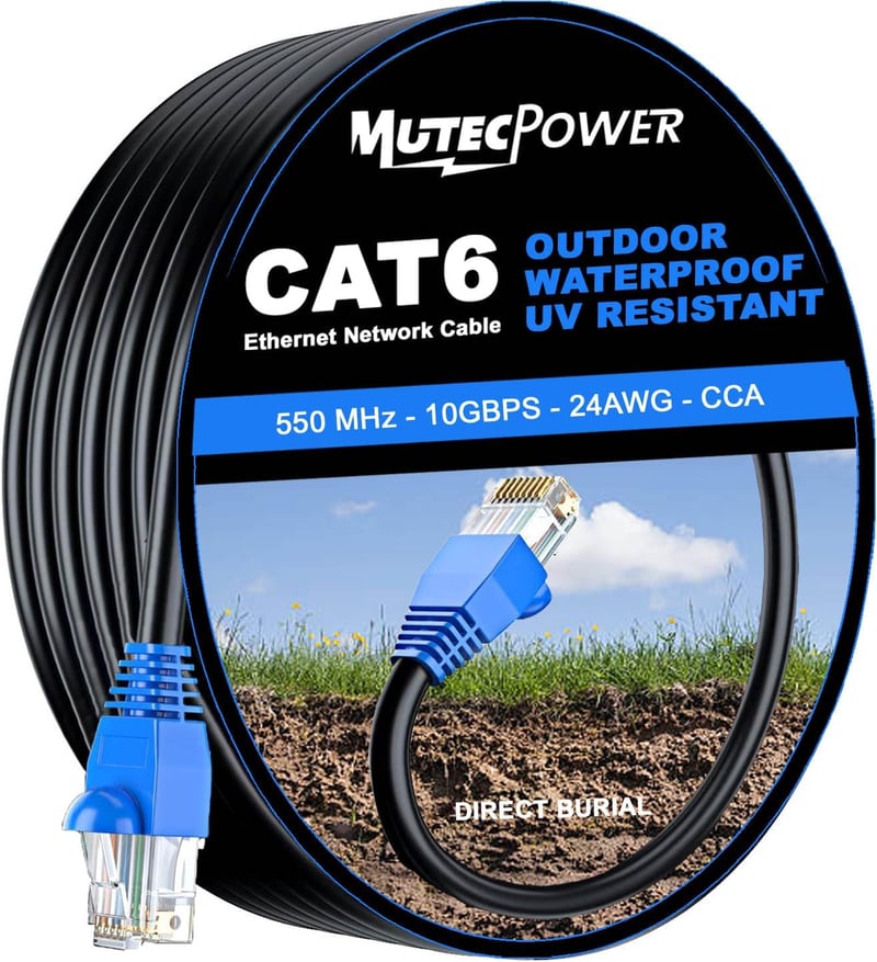 MutecPower Cat6 Kültéri Ethernet Kábel - Gigabit Hálózati UTP Patch Vezeték 550MHz - UV-álló, Vízálló - PC, Router, Szerver Kompatibilis