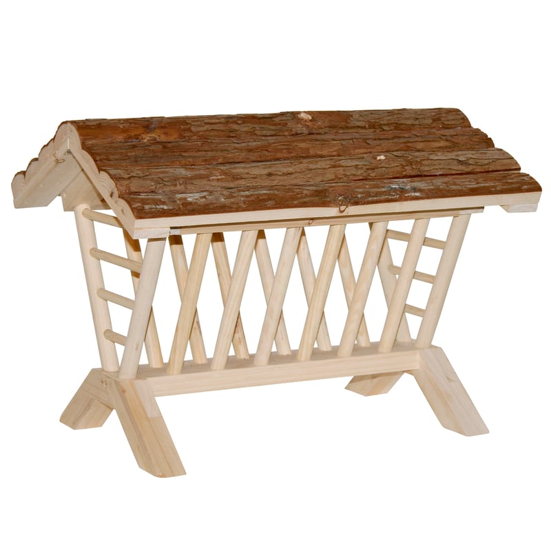 Jasličky na seno pre hlodavce Kerbl Pet Nature, prírodné drevo, s odnímateľnou strieškou, 45x32x33 cm, stabilný stojan