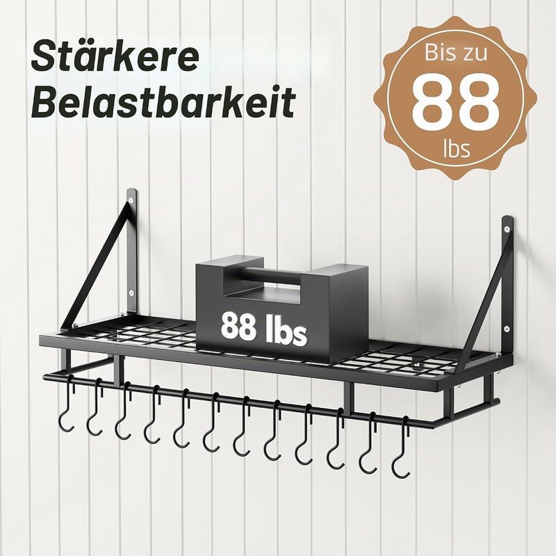 Raft de bucătărie de perete KES 75 cm cu 12 cârlige, negru mat