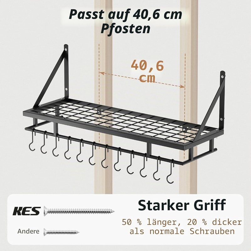 Raft de bucătărie de perete KES 75 cm cu 12 cârlige, negru mat