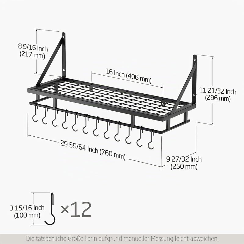 Raft de bucătărie de perete KES 75 cm cu 12 cârlige, negru mat