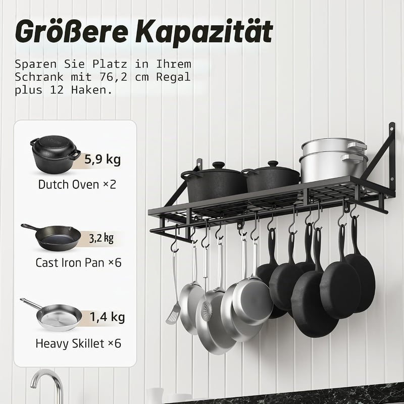 Raft de bucătărie de perete KES 75 cm cu 12 cârlige, negru mat