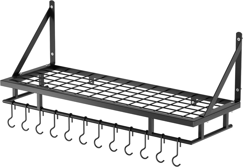 Raft de bucătărie de perete KES 75 cm cu 12 cârlige, negru mat