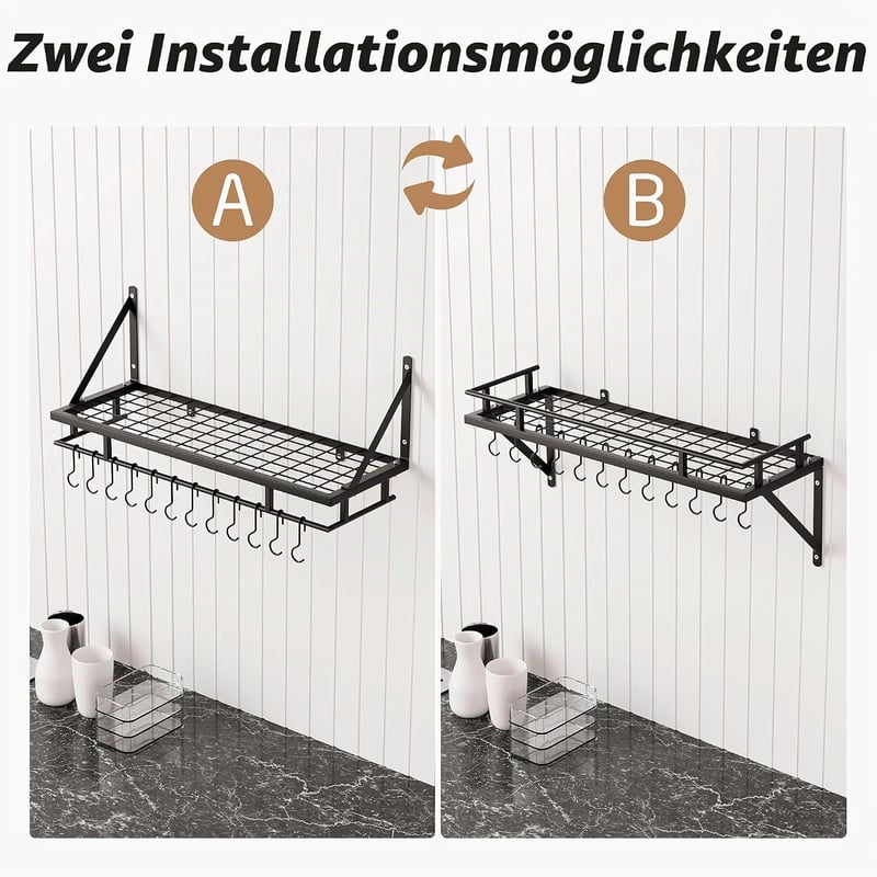 Raft de bucătărie de perete KES 75 cm cu 12 cârlige, negru mat