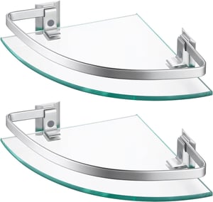 Raft de colț din sticlă KES A4120A-P2 pentru duș și baie, cu bară de fixare din aluminiu și sticlă securizată extra groasă, argintiu, 2 bucăți