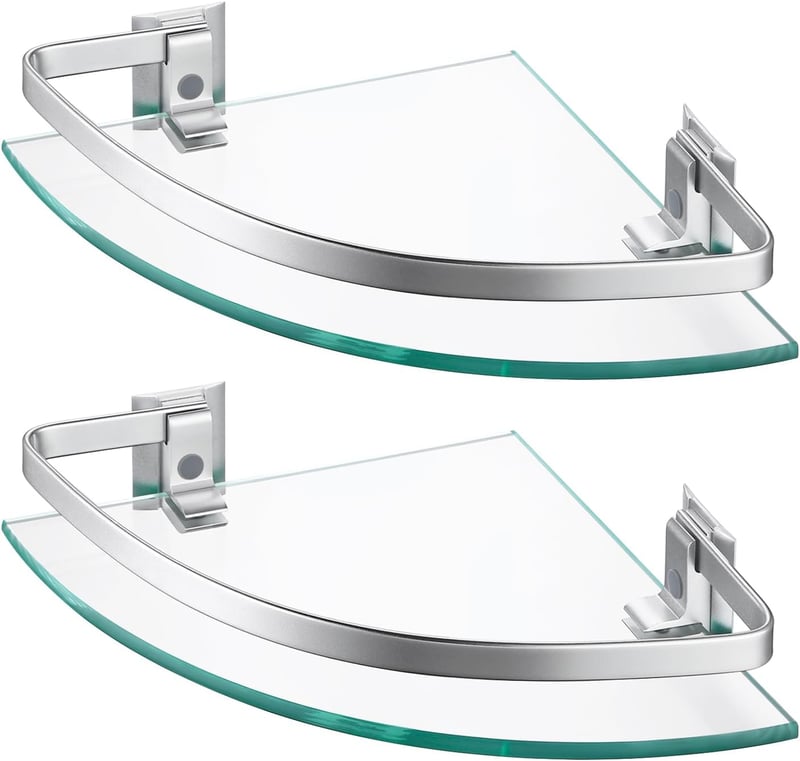 Raft de colț din sticlă KES A4120A-P2 pentru duș și baie, cu bară de fixare din aluminiu și sticlă securizată extra groasă, argintiu, 2 bucăți