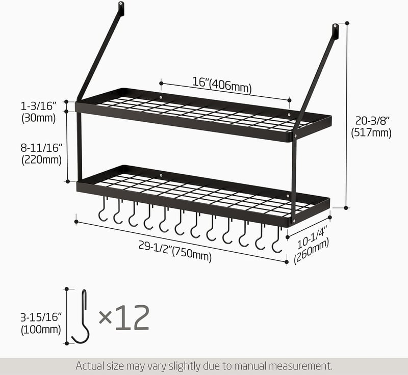 KES KUR218S75B fali konyhai polc duplaszintes serpenyőtartó 75 cm matt fekete konyhai eszköztartó kampókkal