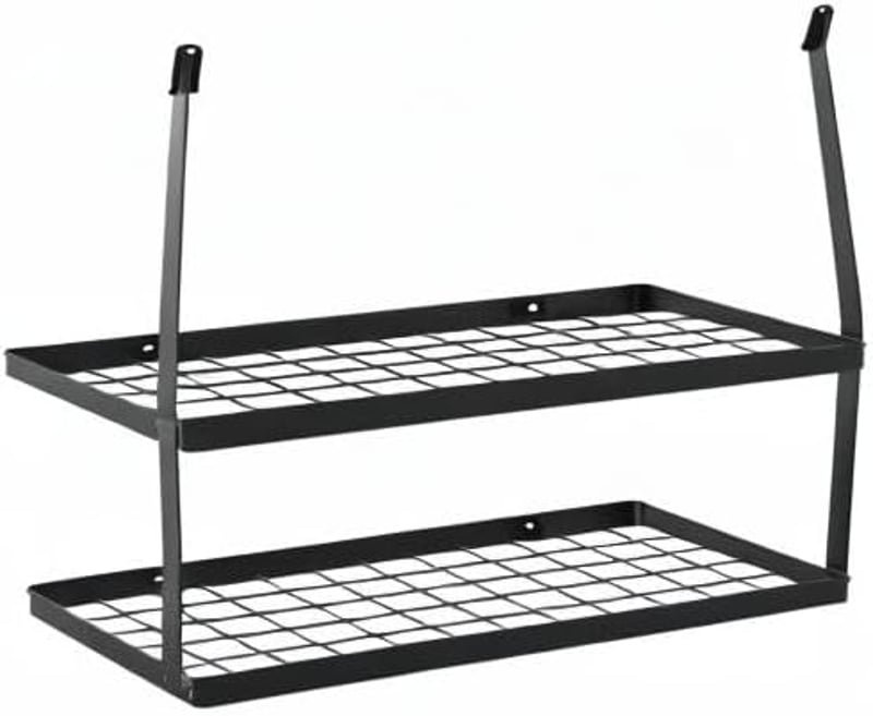 KES KUR218S75B fali konyhai polc duplaszintes serpenyőtartó 75 cm matt fekete konyhai eszköztartó kampókkal