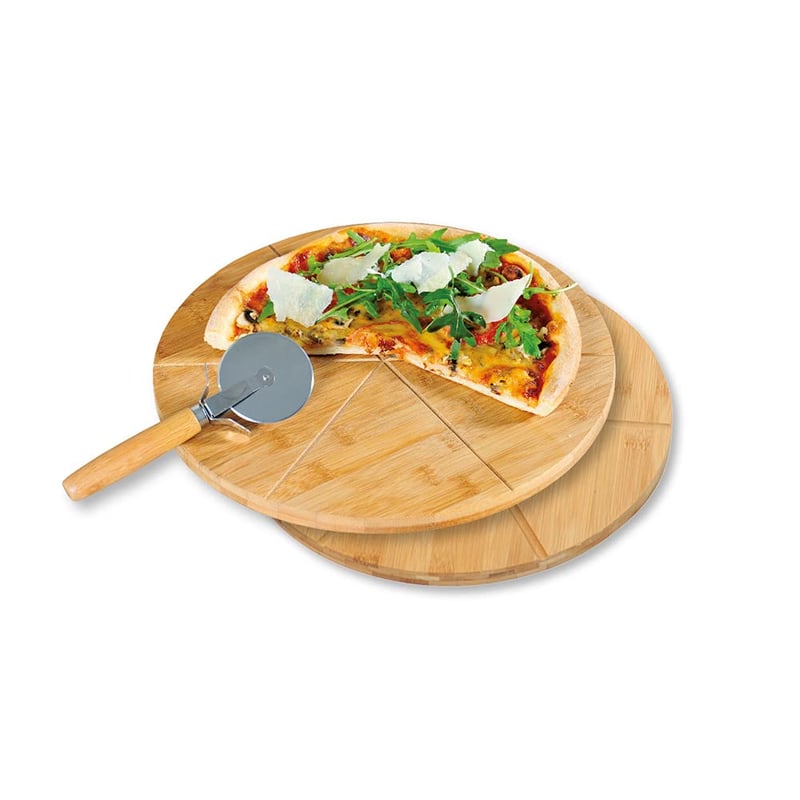 Kesper 58465 set bambusovih tanjura za pizzu, 2 tanjura i 1 rezač za pizzu, FSC® certificirani bambus, nehrđajući čelik, promjer 32 cm, smeđa boja