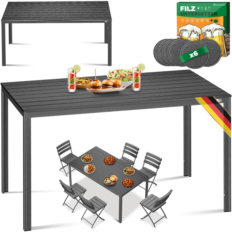 Masă de grădină KESSER 156x78 cm, masă de dining pentru 6 persoane, rezistentă la intemperii și raze UV, oțel vopsit electrostatic, aspect de lemn, cu 6 protecții din fetru, pentru terasă și grădină
