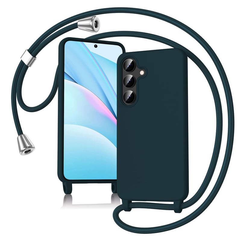 Keteen puzdro na Samsung Galaxy A57 5G s popruhom na krk, tenký silikónový zadný kryt s odnímateľnou šnúrkou, nárazuvzdorné puzdro na telefón s retiazkou, tmavozelené
