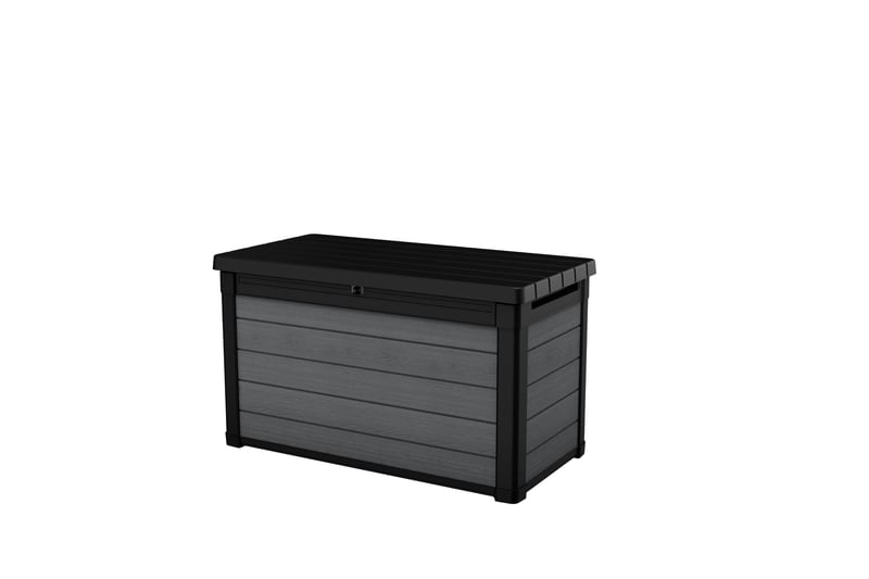 Záhradný úložný box Keter Cortina 100G – 380 l, sivý, povrch s imitáciou dreva, 122,9 x 62,1 x 70,6 cm