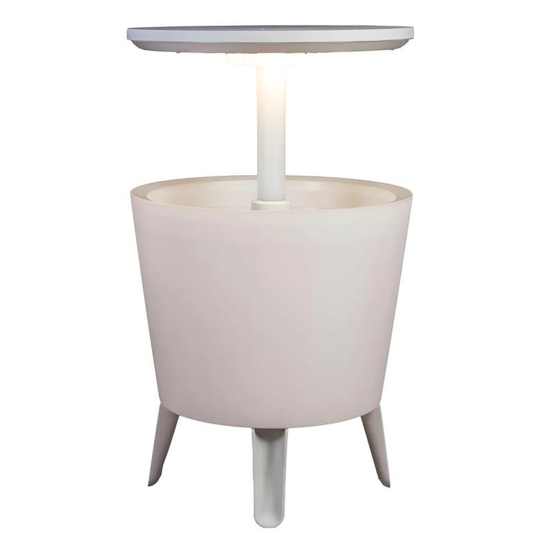 Masă de bar frigorifică Keter Illuminated Cool Bar cu LED alb, capacitate 42 doze, masă laterală de grădină 49,5x49,5x57 cm, rezistentă la intemperii