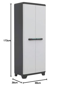 Plastová záhradná úložná skriňa Keter Linear s držiakom na metly, sivá, 68x39x173 cm 3