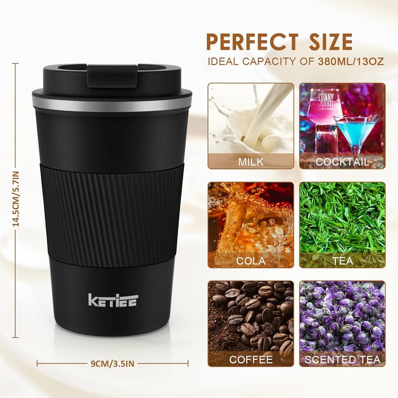 KETIEE 380ml rozsdamentes termikus bögre vákuum szigeteléssel fekete