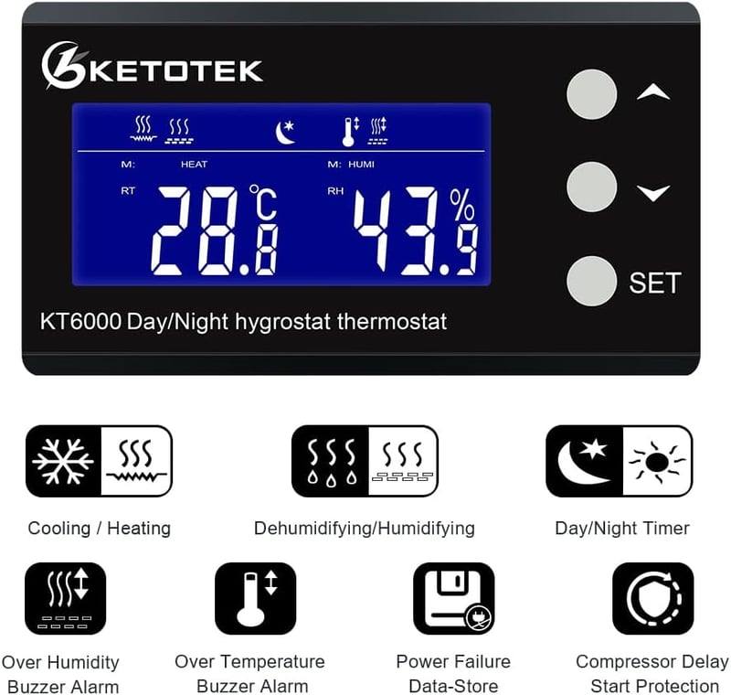 KETOTEK Digitális Termosztát Higrosztát Konnektor Nap/Éjjel Időzítővel, Hőmérséklet Páratartalom Szabályozó Szenzorral 230V Üvegházhoz Terrá