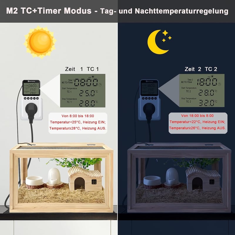 KETOTEK Digitális Termosztát Konnektor Napi Éjszakai Időzítővel 230V Hőmérséklet Szabályozó Szenzorral Terrárium Hüllő Keltetőhöz