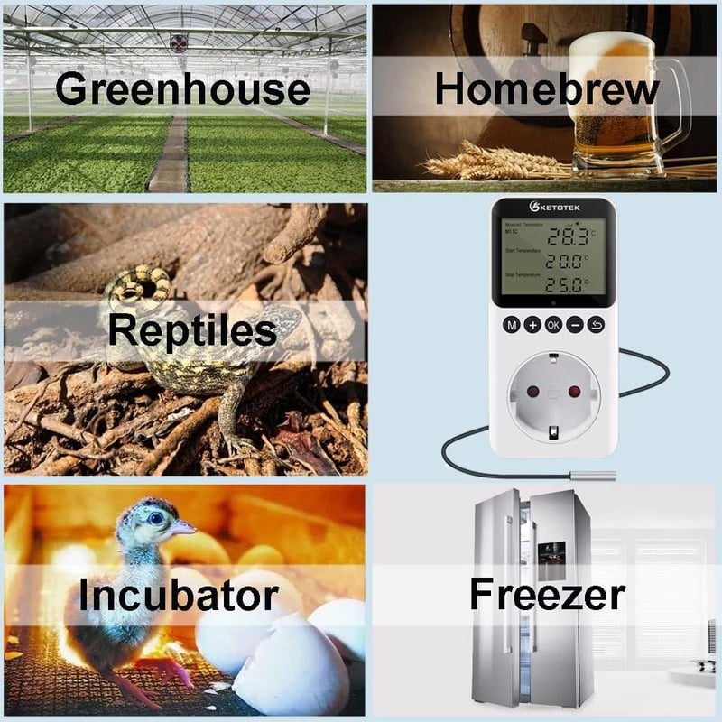 KETOTEK Digitális Termosztát Konnektor Napi Éjszakai Időzítővel 230V Hőmérséklet Szabályozó Szenzorral Terrárium Hüllő Keltetőhöz