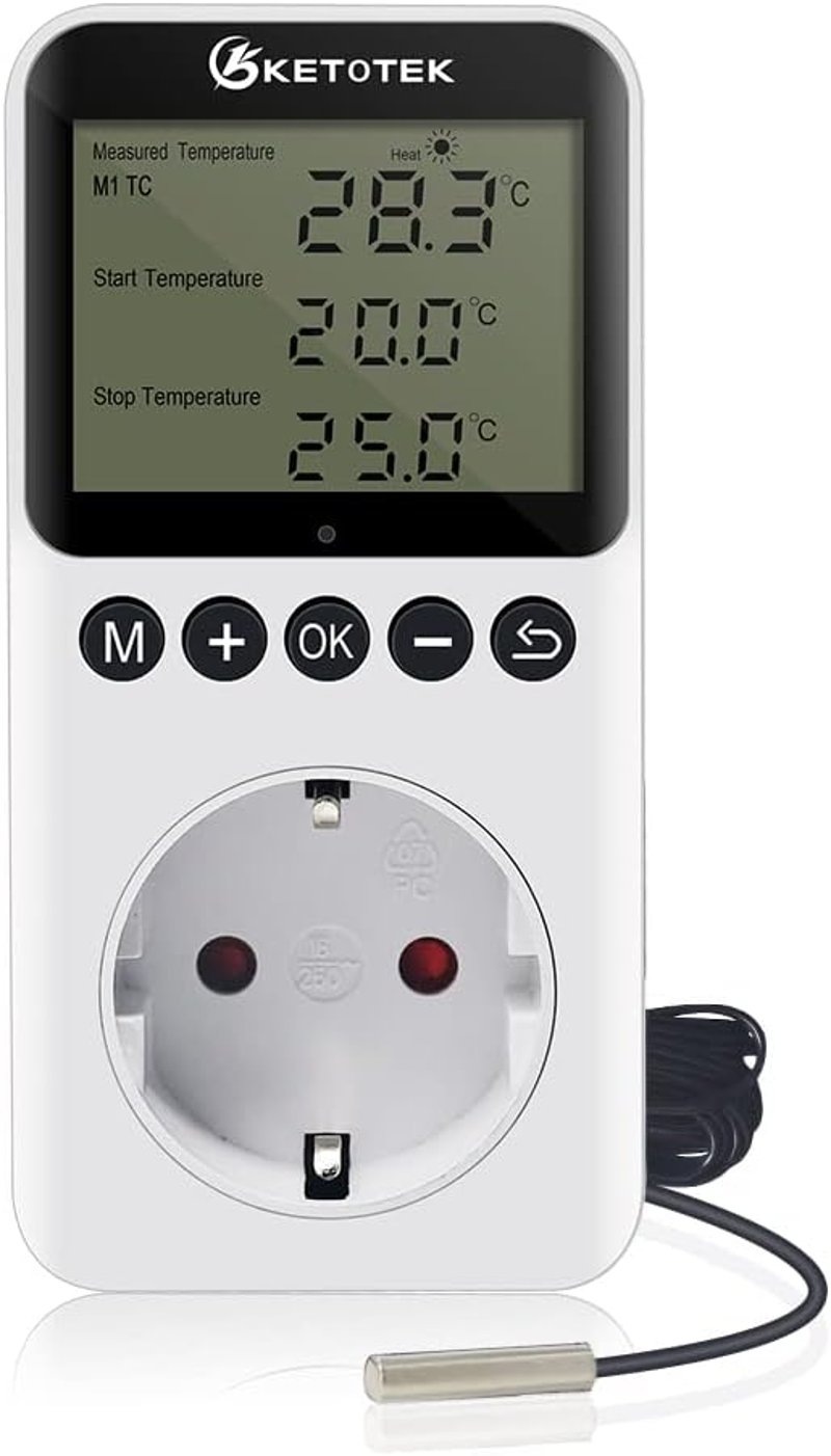 KETOTEK Digitális Termosztát Konnektor Napi Éjszakai Időzítővel 230V Hőmérséklet Szabályozó Szenzorral Terrárium Hüllő Keltetőhöz