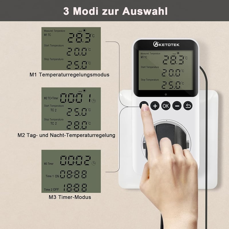 KETOTEK Digitális Termosztát Konnektor Napi Éjszakai Időzítővel 230V Hőmérséklet Szabályozó Szenzorral Terrárium Hüllő Keltetőhöz