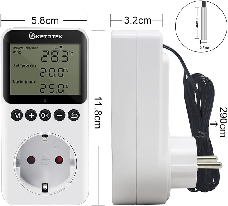 KETOTEK Digitális Termosztát Konnektor Napi Éjszakai Időzítővel 230V Hőmérséklet Szabályozó Szenzorral Terrárium Hüllő Keltetőhöz