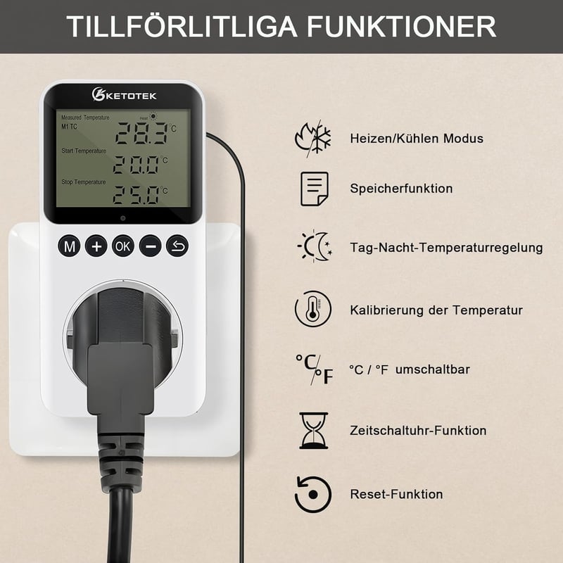 KETOTEK Digitális Termosztát Konnektor Napi Éjszakai Időzítővel 230V Hőmérséklet Szabályozó Szenzorral Terrárium Hüllő Keltetőhöz