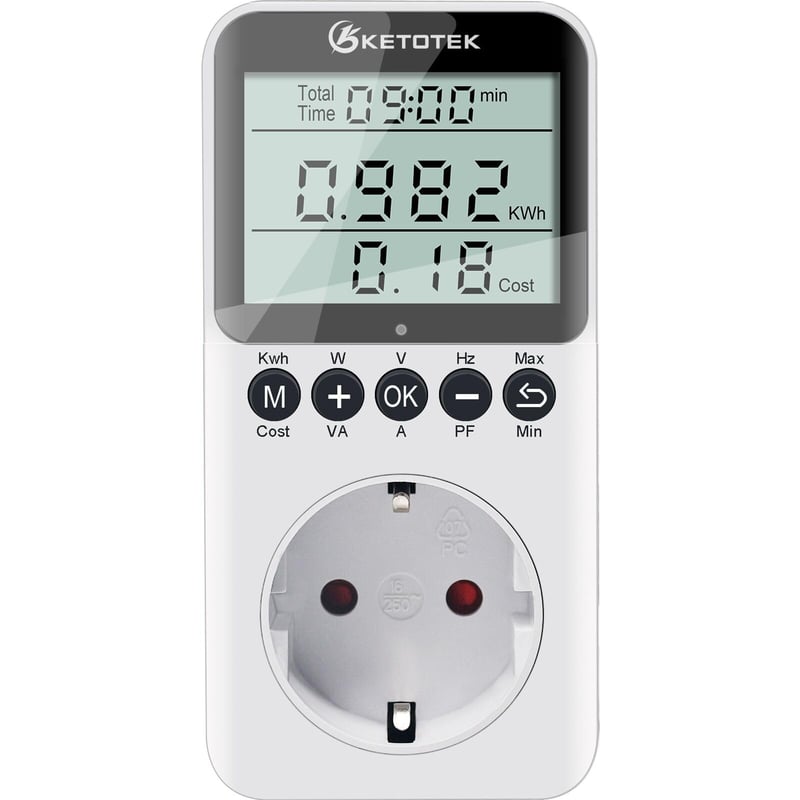 KETOTEK Merač spotreby energie do zásuvky s LCD displejom, merač spotreby prúdu do domácnosti s ochranou proti preťaženiu 3680W