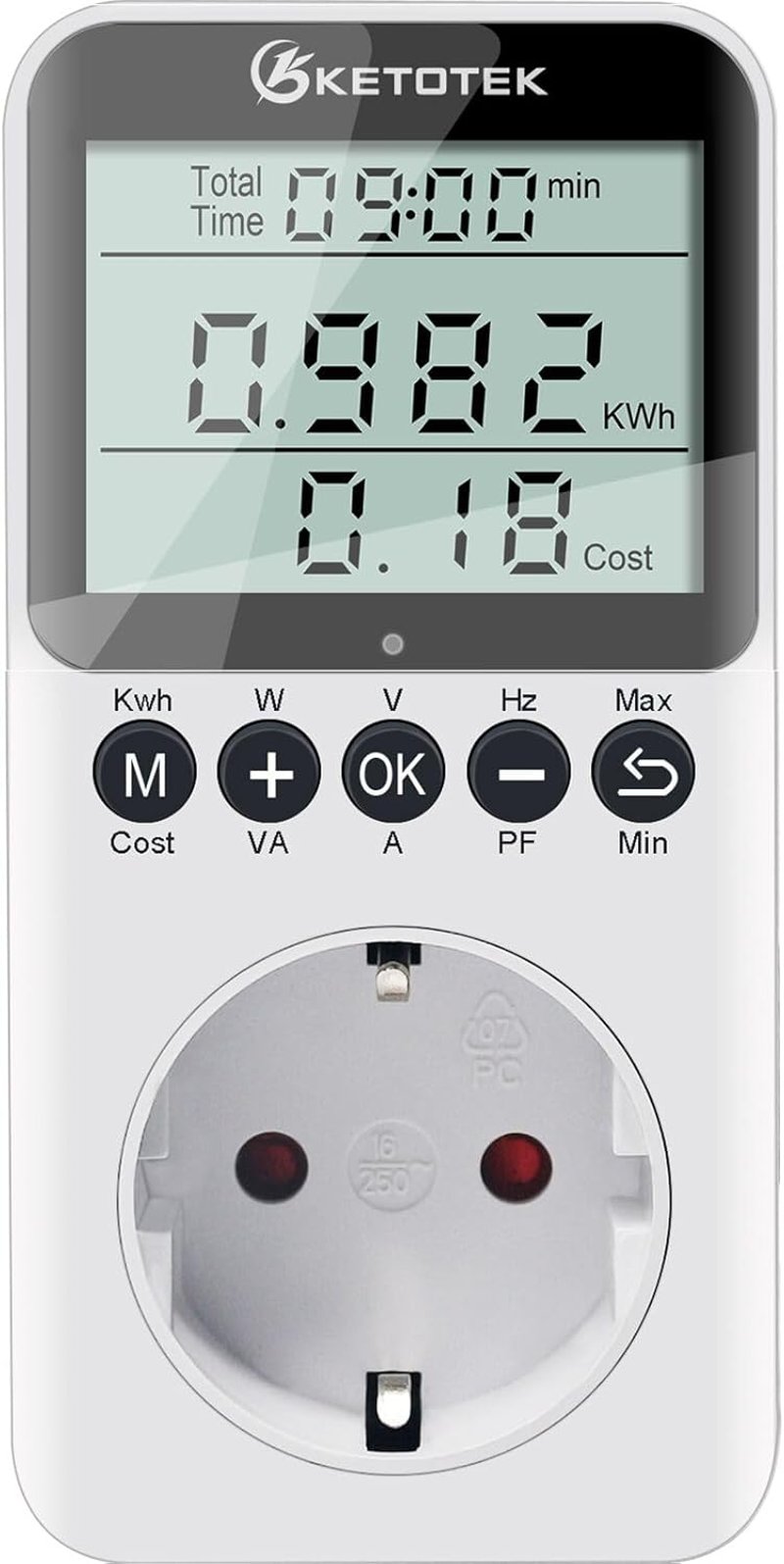 KETOTEK Energiamérő Konnektorba LCD Kijelzővel, Áramfogyasztás Mérő Otthonra Túlterhelés Védelemmel 3680W