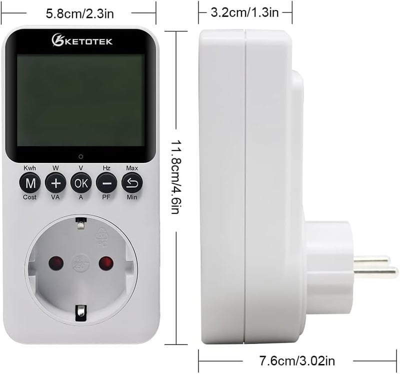 KETOTEK Energiamérő Konnektorba LCD Kijelzővel, Áramfogyasztás Mérő Otthonra Túlterhelés Védelemmel 3680W