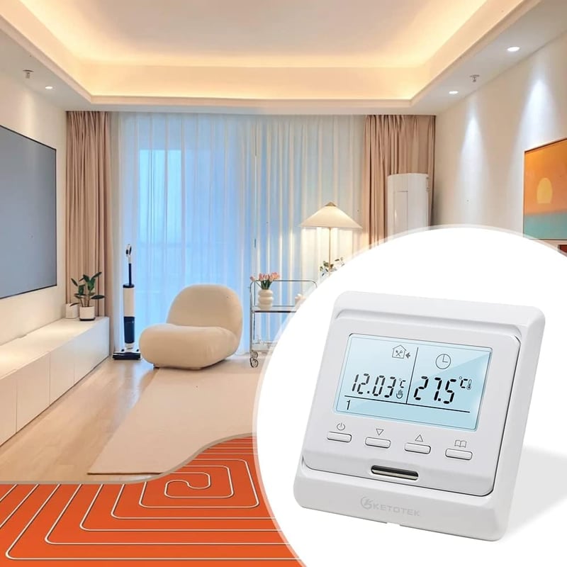 KETOTEK Programozható Termosztát Padlófűtéshez Digitális Szobatermosztát Melegvizes Fűtésszabályozó 230V Fehér Süllyesztett