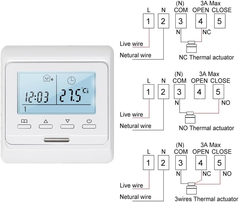 KETOTEK Programozható Termosztát Padlófűtéshez Digitális Szobatermosztát Melegvizes Fűtésszabályozó 230V Fehér Süllyesztett