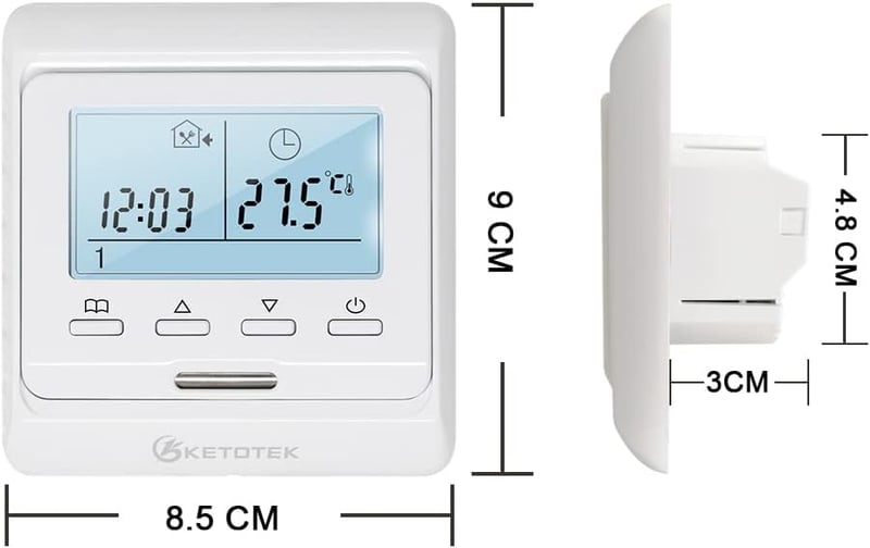 KETOTEK Programozható Termosztát Padlófűtéshez Digitális Szobatermosztát Melegvizes Fűtésszabályozó 230V Fehér Süllyesztett