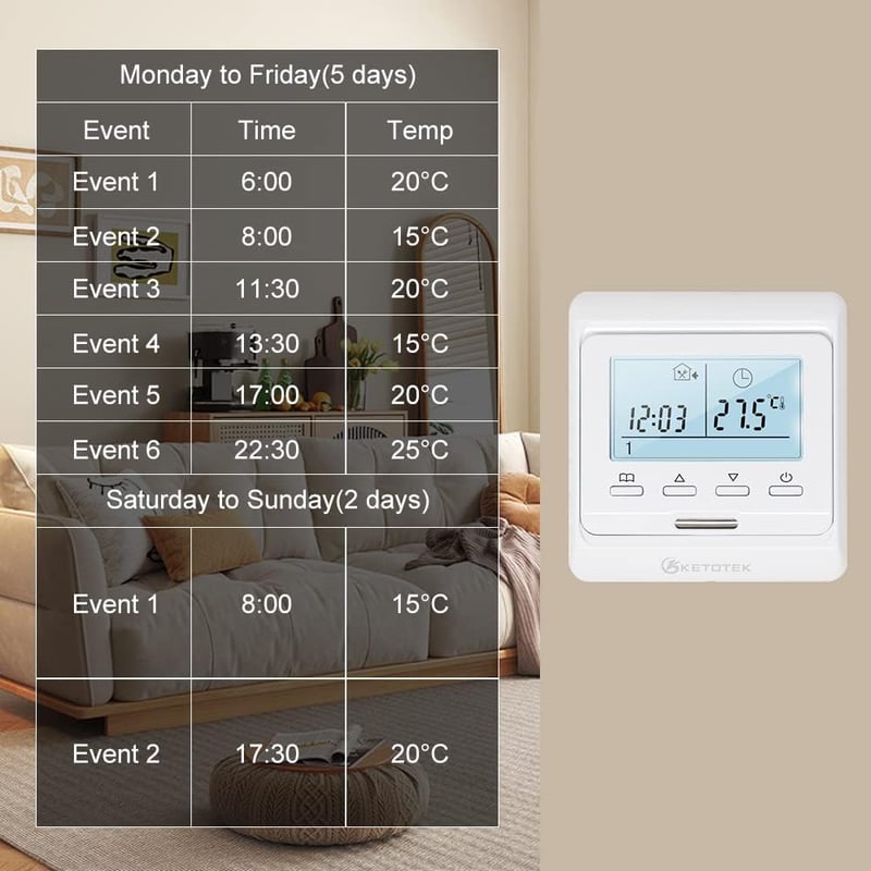 KETOTEK Programozható Termosztát Padlófűtéshez Digitális Szobatermosztát Melegvizes Fűtésszabályozó 230V Fehér Süllyesztett