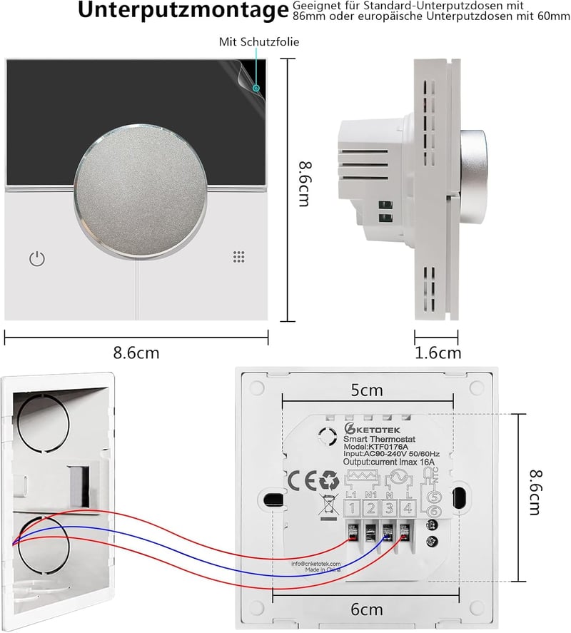 KETOTEK Smart WiFi Termosztát 16A Elektromos Padlófűtéshez Alexa Kompatibilis